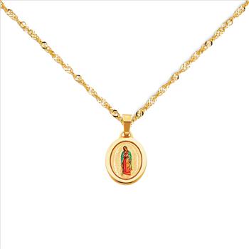 14K Yellow Gold Our Lady of Guadalupe Enamel Picture Charm Pendant with 0.9mm Singapore Chain - 22''