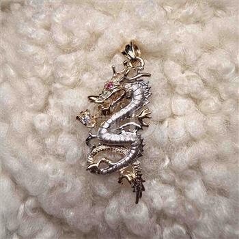 14K Two Tone Gold cubic zirconia Dragon Pendant