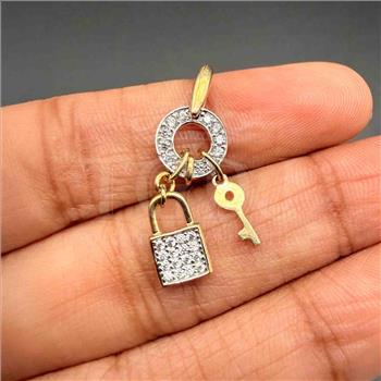 14K Two Tone Gold cubic zirconia Key & Lock Pendant