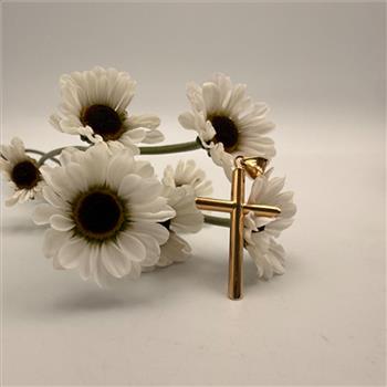 14K Yellow Gold Hollow Round Tube Cross Pendant with 0.8mm Box Chain - 22 inch