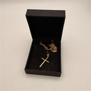 14K Yellow Gold Hollow Round Tube Cross Pendant with 0.8mm Box Chain - 22 inch