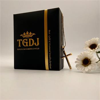 14K Yellow Gold Hollow Round Tube Cross Pendant with 0.8mm Box Chain - 22 inch