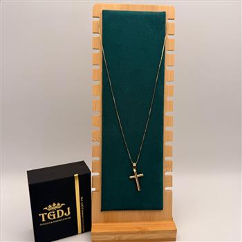 14K Yellow Gold Hollow Round Tube Cross Pendant with 0.8mm Box Chain - 22 inch