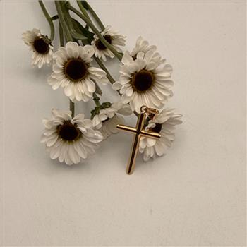 14K Yellow Gold Hollow Round Tube Cross Pendant with 0.8mm Box Chain - 22 inch