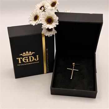 14K Yellow Gold Hollow Round Tube Cross Pendant with 0.8mm Box Chain - 22 inch
