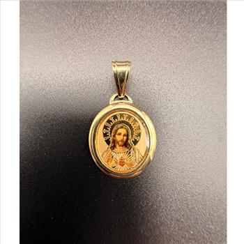 14K Yellow Gold SAC Red Heart of Jesus Picture Pendant