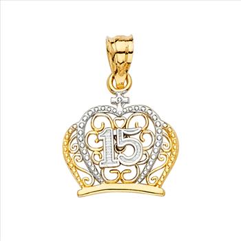 14K Two Tone Gold Sweet 15 Years Quinceañera Crown Pendant
