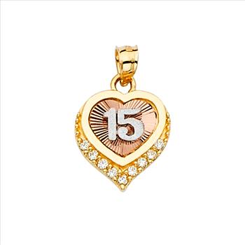 14K Tri Color Gold cubic zirconia Sweet 15 Quinceañera Crown Pendant