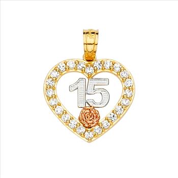 14K Tri Color Gold cubic zirconia Sweet 15 Quinceañera Crown Pendant
