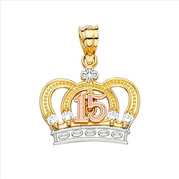 14K Tri Color Gold Sweet 15 Quinceañera Crown Pendant