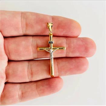 14K Two Tone Gold Hollow Round Tube Crucufix  Pendant