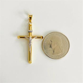 14K Two Tone Gold Hollow Round Tube Crucufix  Pendant