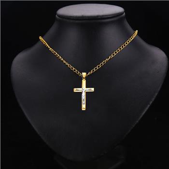 14K Two Tone Gold Hollow Cross with Jesus Pendant