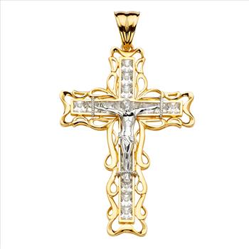 14K Two Tone Gold Cubic zirconia Crucufix Cross Pendant