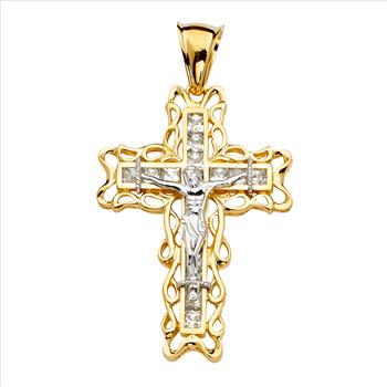 14K Two Tone Gold Cubic zirconia Crucufix Cross Pendant