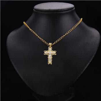14K Two Tone Gold Cubic zirconia Crucufix Cross Pendant