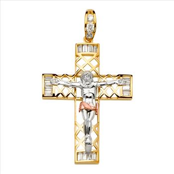 14K  Tri Color Gold Cubic zirconia  Crucufix Cross Pendant