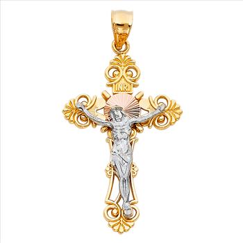 14K Tri Color Gold Crucufix Cross Pendant