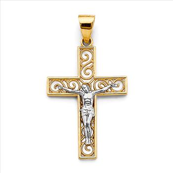 14K Two Tone Gold Crucufix Cross Pendant