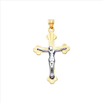 14K Two Tone Gold Diamond Cut  Cross with Jesus Pendant