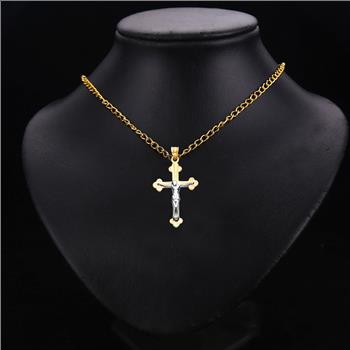 14K Two Tone Gold Diamond Cut  Cross with Jesus Pendant