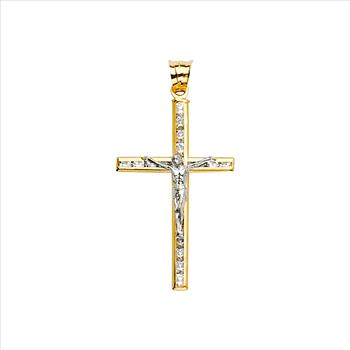14K Two Tone Cubic zirconia Crucufix Cross Pendant