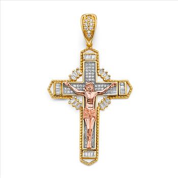 14K Tri Color Gold Cubic zirconia Crucufix Cross Pendant
