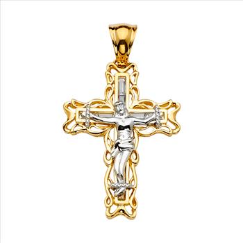 14K Two Tone Cubic zirconia Crucufix Cross Pendant