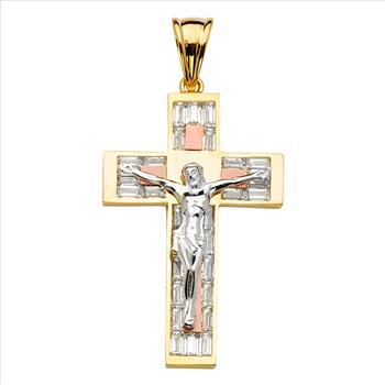 14K Tri Color Gold Cubic zirconia Crucufix Cross Pendant