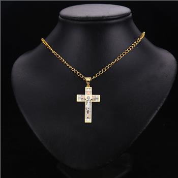 14K Tri Color Gold Cubic zirconia Crucufix Cross Pendant