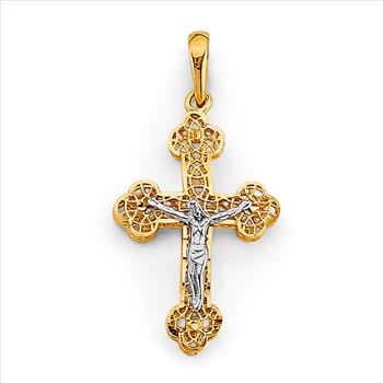 14K Two Tone Gold Crucufix Cross Pendant