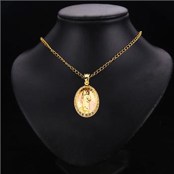 14K Tri Color Yellow Rose White Gold Cubic Zirconia San Judas Medal Pendant - 25 mm X 14 mm	