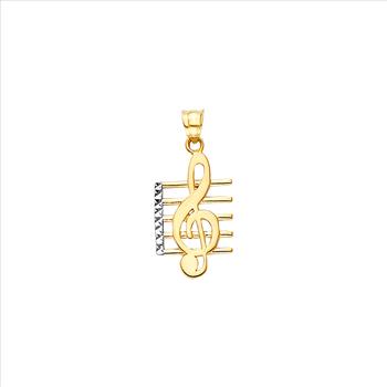 14K Two Tone Gold Music Note Pendant On Diamond cut Stave