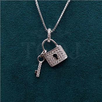 14K cubic zirconia White Gold Lock Pendant