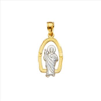 14K Two Tone Yellow White Gold San Judas Pendant - 20 mm X 10 mm