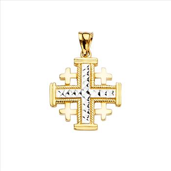 14K Two Tone Gold JerusalEmerald Cross Pendant
