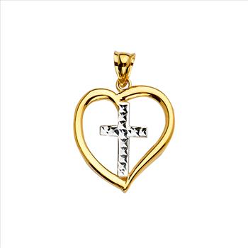14K Two Tone Gold Heart Pendant with Cross Pendant