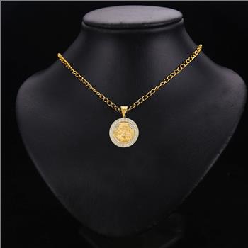 14K  Yellow Gold Cubic zirconia Round Jesus Face Pendant