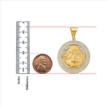 14K  Yellow Gold Cubic zirconia Round Jesus Face Pendant