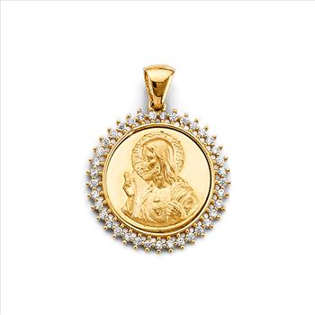 14K  Yellow Gold Cubic zirconia Round Jesus Christ Pendant