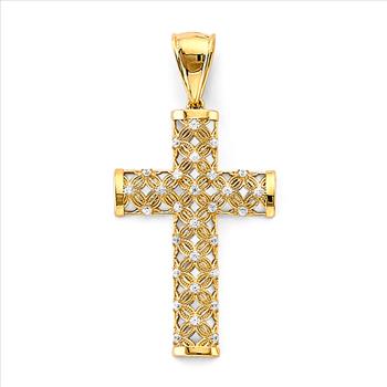 14K Two Tone Cubic zirconia Cross Pendant