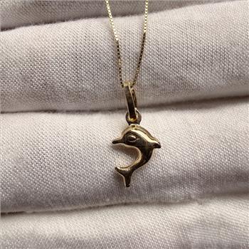 14K Yellow Gold Hollow Dolphin Pendant With Yellow Gold 0.5mm Box Chain - 18 Inch