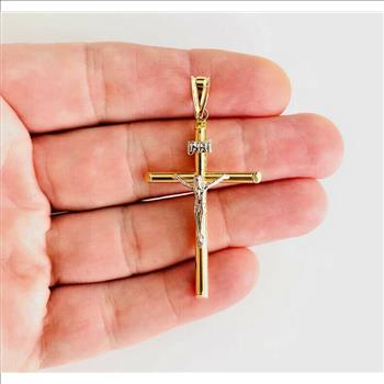 14K Two Tone Gold  Hollow Round Tube Crucufix