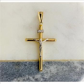 14K Two Tone Gold  Hollow Round Tube Crucufix
