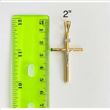 14K Two Tone Gold  Hollow Round Tube Crucufix