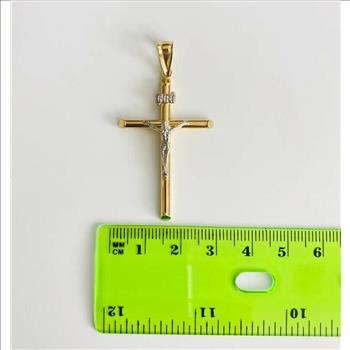 14K Two Tone Gold  Hollow Round Tube Crucufix