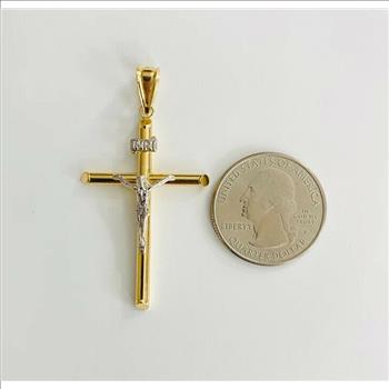 14K Two Tone Gold  Hollow Round Tube Crucufix