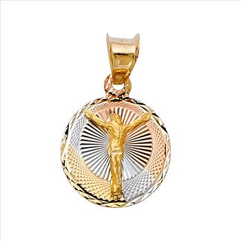 14K Tri Color Yellow Rose White Gold Diamond cut Jesus Stamp Religious Pendant - 15mm x 12mm