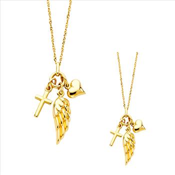 14K Yellow Gold Cross+Heart+Wing Necklace - 17+1