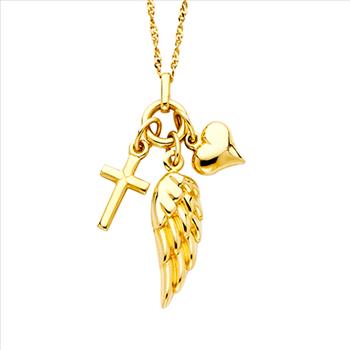 14K Yellow Gold Cross+Heart+Wing Necklace - 17+1